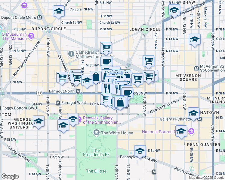 map of restaurants, bars, coffee shops, grocery stores, and more near 1015 15th Street Northwest in Washington