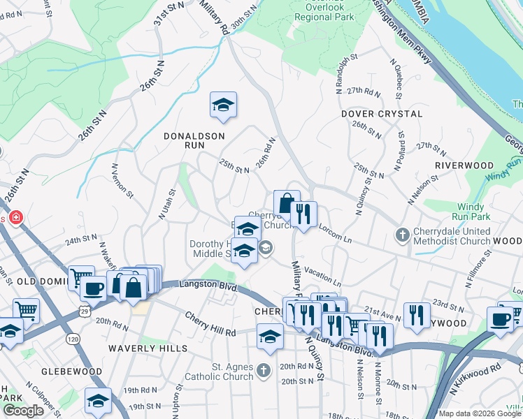 map of restaurants, bars, coffee shops, grocery stores, and more near North Randolph Street in Arlington