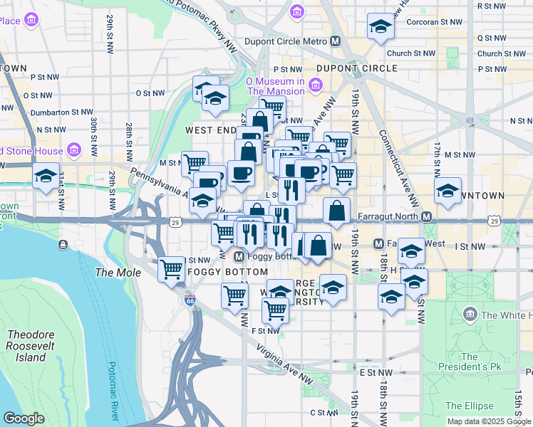 map of restaurants, bars, coffee shops, grocery stores, and more near 2175 K Street Northwest in Washington