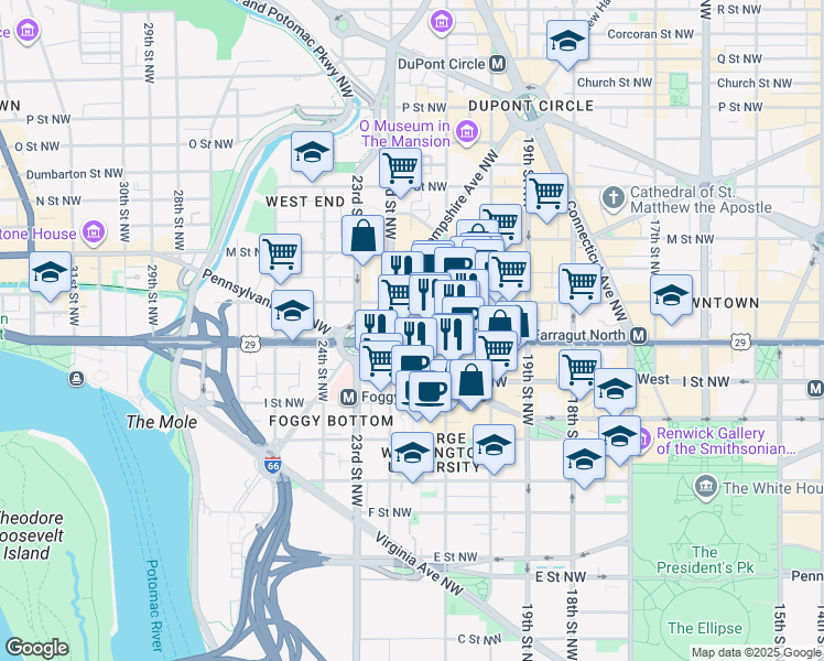 map of restaurants, bars, coffee shops, grocery stores, and more near 2141 K Street Northwest in Washington