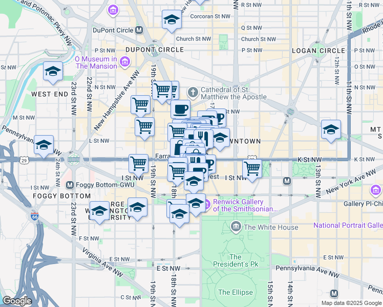 map of restaurants, bars, coffee shops, grocery stores, and more near 1717 K Street Northwest in Washington