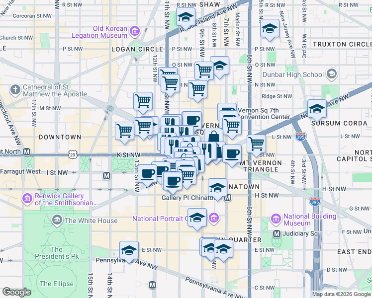 map of restaurants, bars, coffee shops, grocery stores, and more near 901 K Street Northwest in Washington