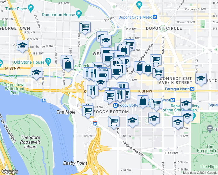 map of restaurants, bars, coffee shops, grocery stores, and more near 24th Street Northwest in Washington