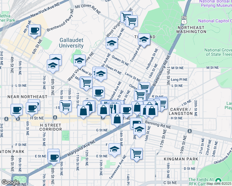 map of restaurants, bars, coffee shops, grocery stores, and more near 1221 Trinidad Avenue Northeast in Washington