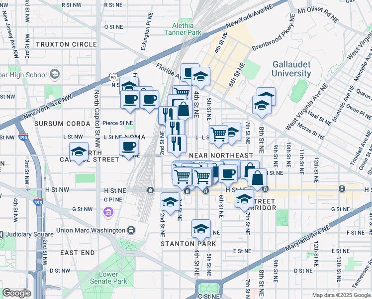map of restaurants, bars, coffee shops, grocery stores, and more near 304 K Street Northeast in Washington