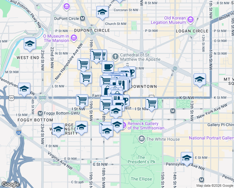 map of restaurants, bars, coffee shops, grocery stores, and more near 1000 Connecticut Avenue Northwest in Washington