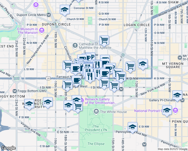 map of restaurants, bars, coffee shops, grocery stores, and more near 1601 K Street Northwest in Washington