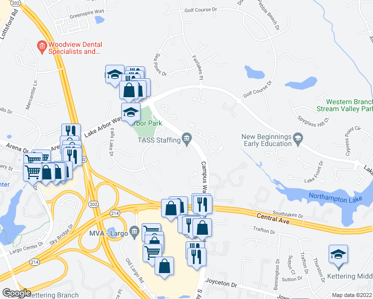 map of restaurants, bars, coffee shops, grocery stores, and more near 10518 Beacon Ridge Drive in Bowie