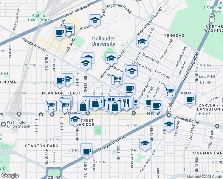 map of restaurants, bars, coffee shops, grocery stores, and more near 1176 K Street Northeast in Washington