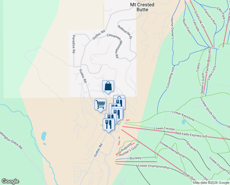 map of restaurants, bars, coffee shops, grocery stores, and more near 39 Whetstone Road in Crested Butte