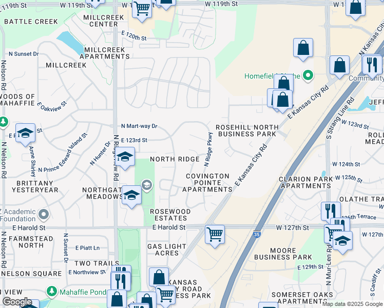 map of restaurants, bars, coffee shops, grocery stores, and more near 1327 North Harvey Drive in Olathe
