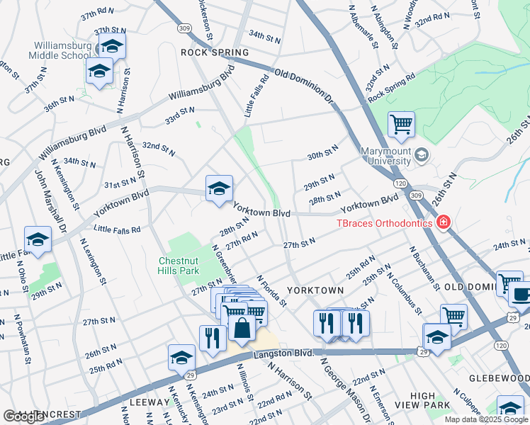 map of restaurants, bars, coffee shops, grocery stores, and more near Yorktown Boulevard in Arlington