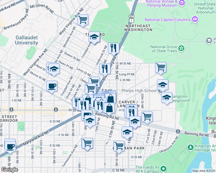 map of restaurants, bars, coffee shops, grocery stores, and more near 101 Independence Avenue Southeast in Washington