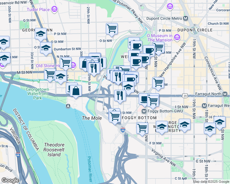 map of restaurants, bars, coffee shops, grocery stores, and more near in Washington