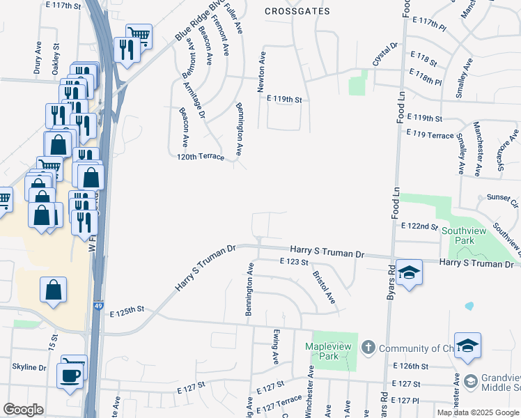 map of restaurants, bars, coffee shops, grocery stores, and more near 12201 Bennington Avenue in Grandview