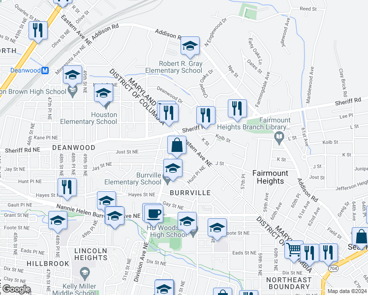 map of restaurants, bars, coffee shops, grocery stores, and more near 948 Eastern Avenue Northeast in Washington