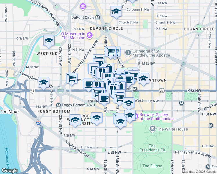 map of restaurants, bars, coffee shops, grocery stores, and more near 1875 K Street Northwest in Washington