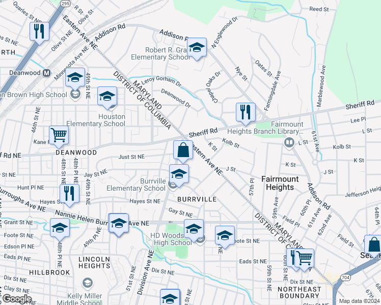 map of restaurants, bars, coffee shops, grocery stores, and more near 940 Eastern Avenue Northeast in Washington