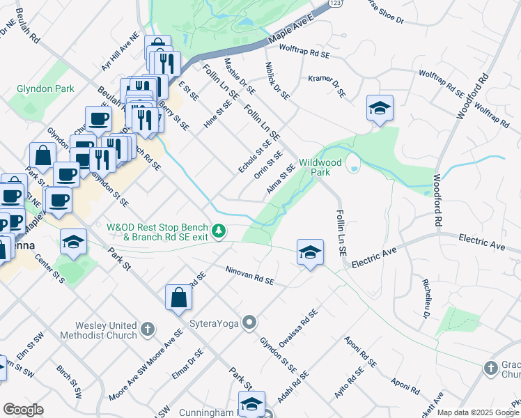 map of restaurants, bars, coffee shops, grocery stores, and more near 611 Delano Drive Southeast in Vienna