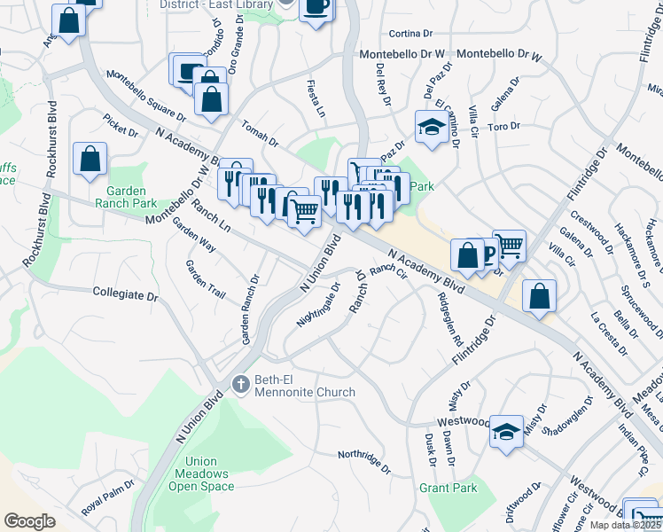 map of restaurants, bars, coffee shops, grocery stores, and more near 4922-4976 Ranch Drive in Colorado Springs