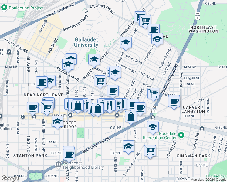 map of restaurants, bars, coffee shops, grocery stores, and more near 1227 Morse Street Northeast in Washington