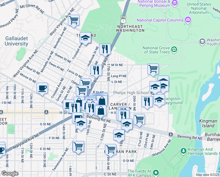 map of restaurants, bars, coffee shops, grocery stores, and more near 1013 17th Street Northeast in Washington