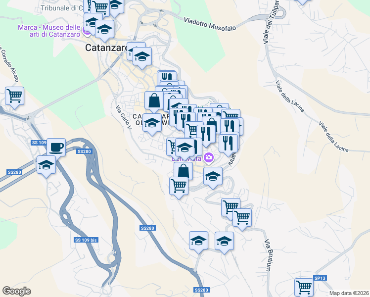 map of restaurants, bars, coffee shops, grocery stores, and more near 67 Vicolo Carbone in Catanzaro