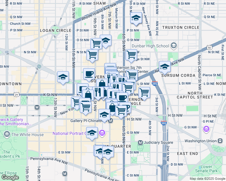 map of restaurants, bars, coffee shops, grocery stores, and more near 650 New York Avenue Northwest in Washington