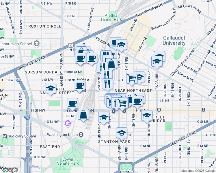map of restaurants, bars, coffee shops, grocery stores, and more near 1022 3rd Street Northeast in Washington