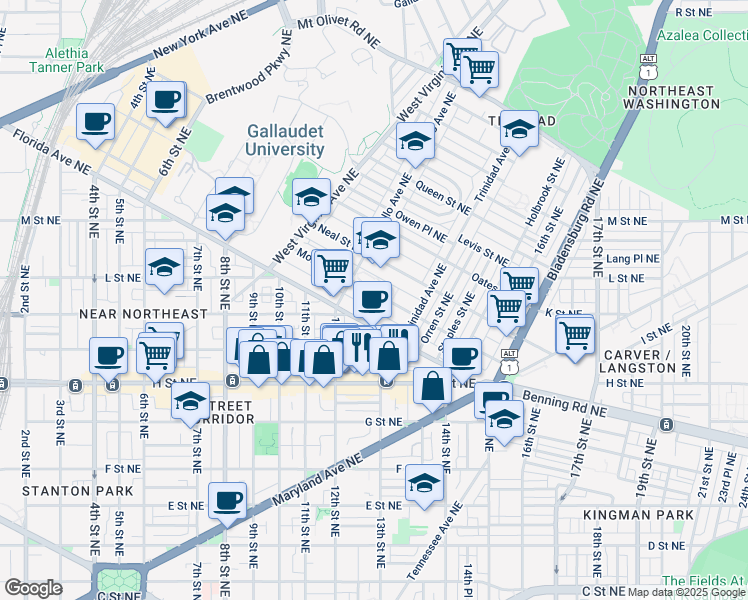 map of restaurants, bars, coffee shops, grocery stores, and more near 1227 Morse Street Northeast in Washington