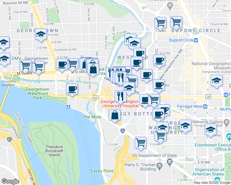 map of restaurants, bars, coffee shops, grocery stores, and more near 1001 26th Street Northwest in Washington