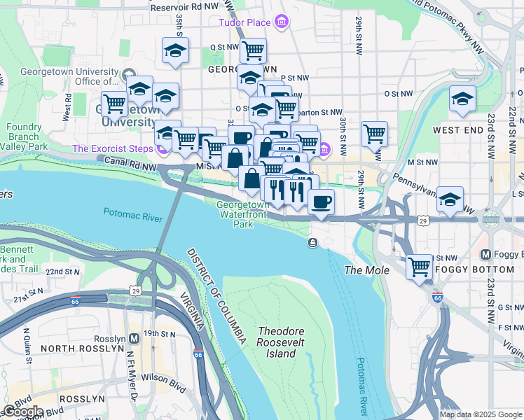 map of restaurants, bars, coffee shops, grocery stores, and more near 3245 Water Street Northwest in Washington