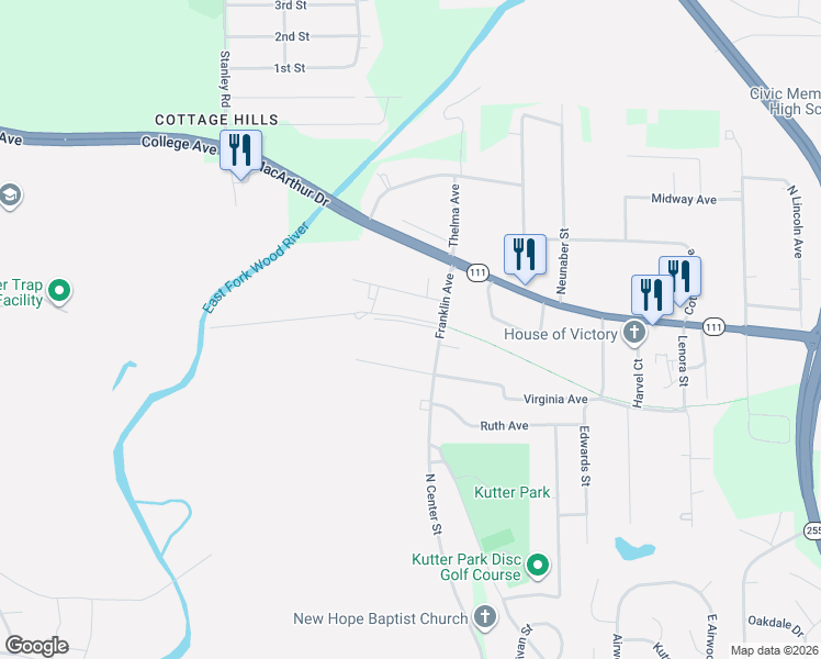 map of restaurants, bars, coffee shops, grocery stores, and more near 624 Railroad Avenue in East Alton