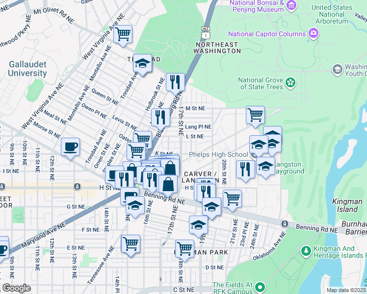 map of restaurants, bars, coffee shops, grocery stores, and more near 1013 17th Street Northeast in Washington