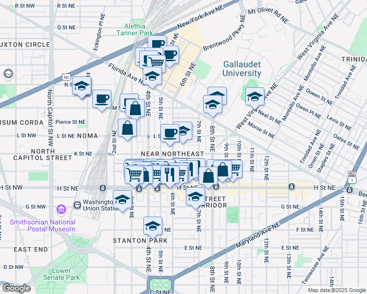 map of restaurants, bars, coffee shops, grocery stores, and more near 660 K Street Northeast in Washington