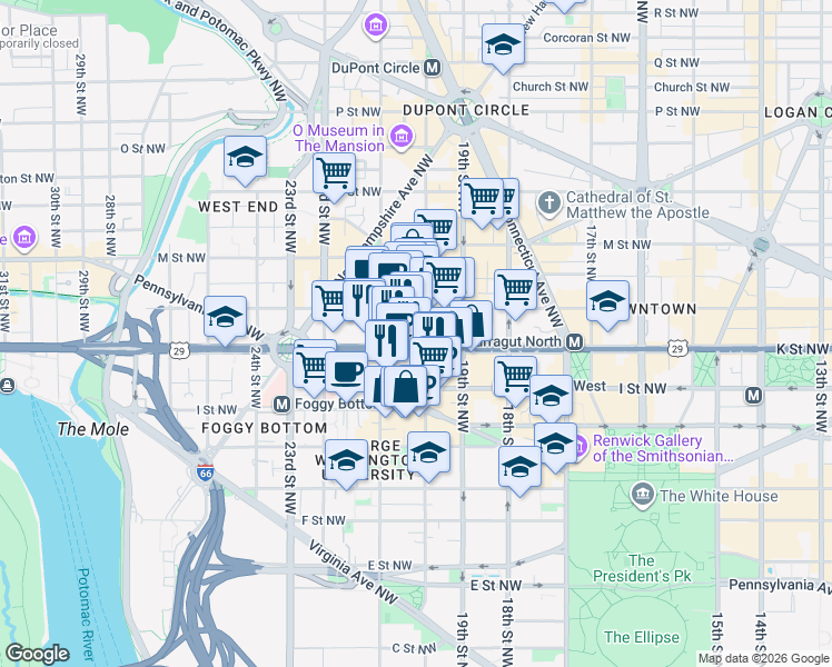 map of restaurants, bars, coffee shops, grocery stores, and more near 1046 20th Street Northwest in Washington
