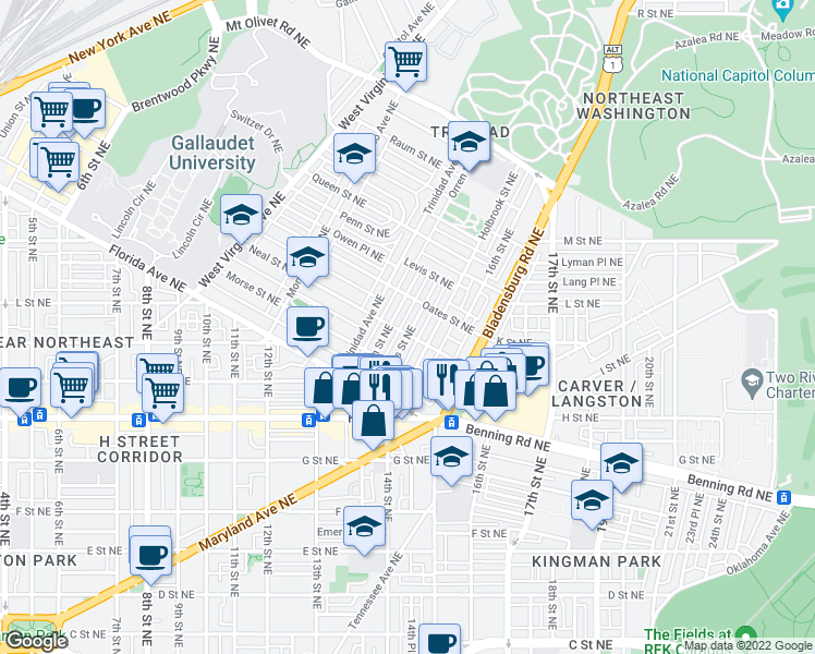 map of restaurants, bars, coffee shops, grocery stores, and more near 1302 Staples Street Northeast in Washington