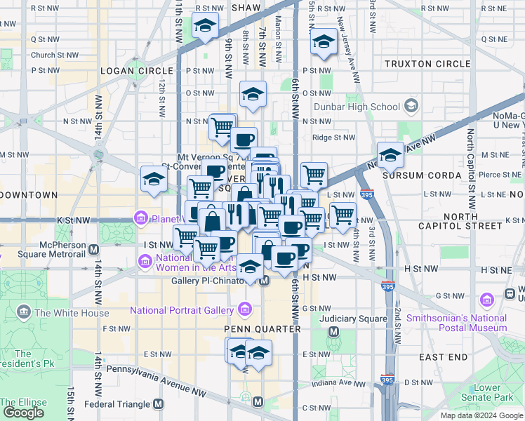 map of restaurants, bars, coffee shops, grocery stores, and more near 7th Street Northwest in Washington