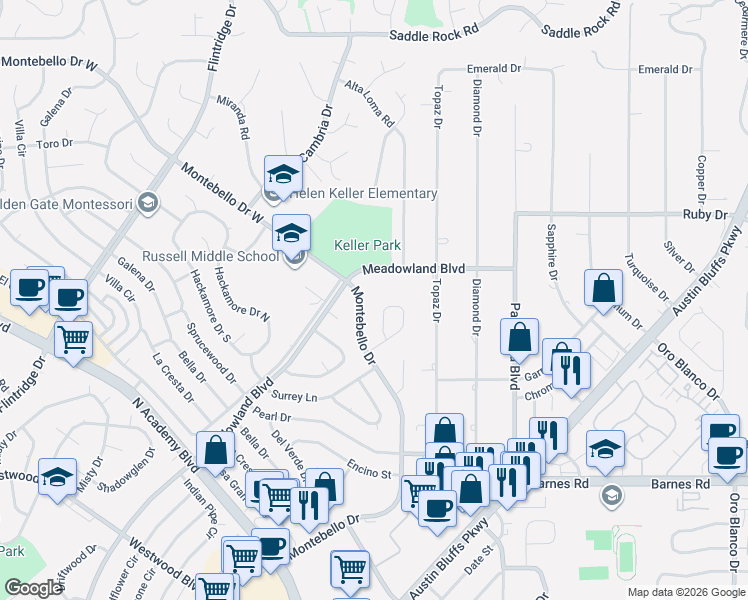 map of restaurants, bars, coffee shops, grocery stores, and more near 4941 Del Sol Road in Colorado Springs