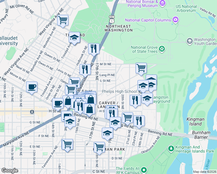 map of restaurants, bars, coffee shops, grocery stores, and more near 101 Independence Avenue Southeast in Washington