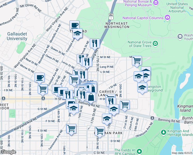 map of restaurants, bars, coffee shops, grocery stores, and more near 101 Independence Avenue Southeast in Washington