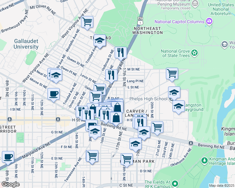 map of restaurants, bars, coffee shops, grocery stores, and more near 101 Independence Avenue Southeast in Washington