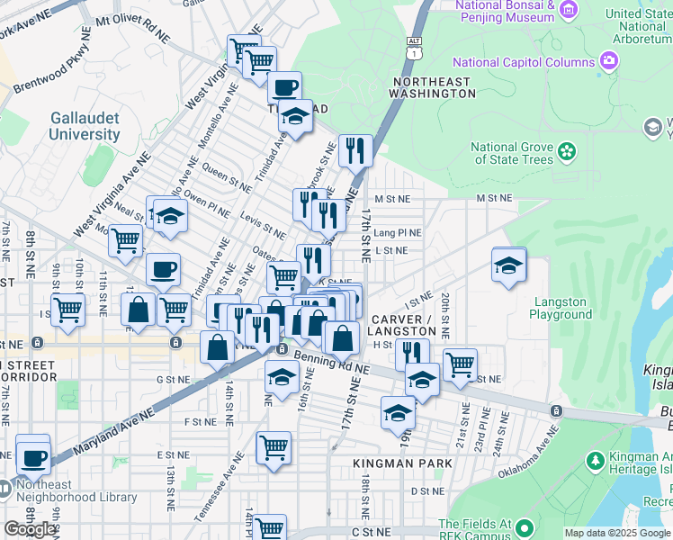 map of restaurants, bars, coffee shops, grocery stores, and more near 101 Independence Avenue Southeast in Washington