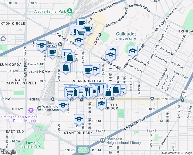 map of restaurants, bars, coffee shops, grocery stores, and more near 101 Independence Avenue Southeast in Washington