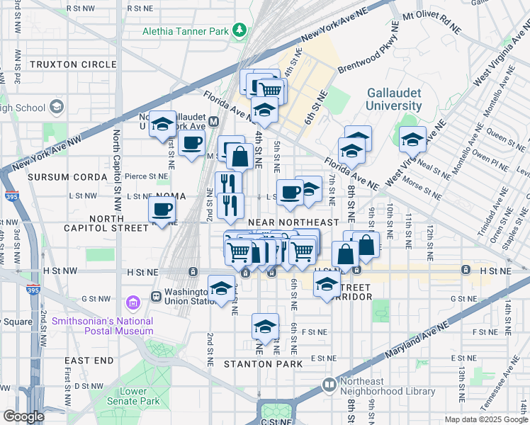 map of restaurants, bars, coffee shops, grocery stores, and more near 101 Independence Avenue Southeast in Washington