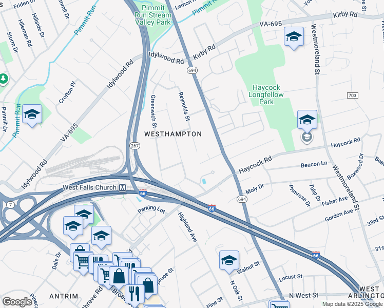 map of restaurants, bars, coffee shops, grocery stores, and more near 2126 Reynolds Street in Falls Church