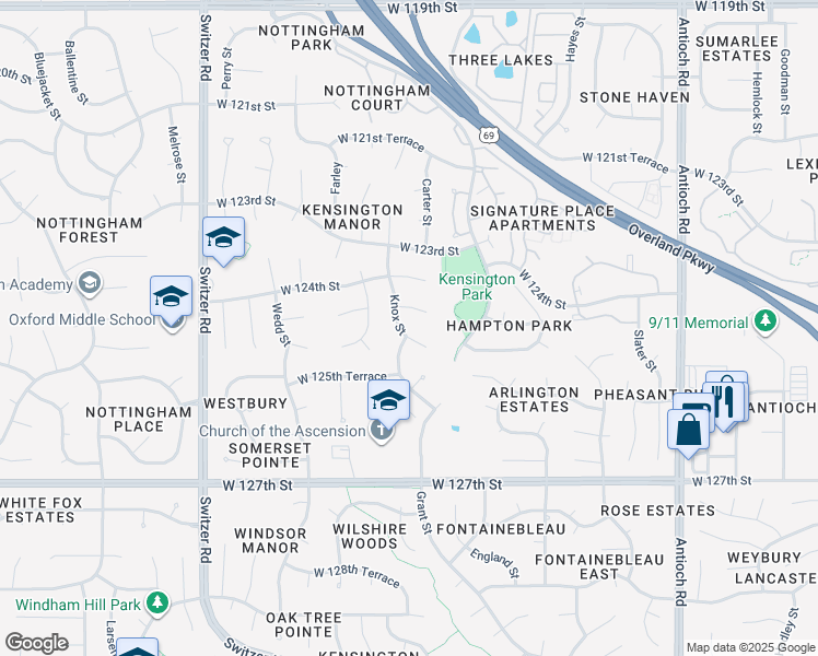 map of restaurants, bars, coffee shops, grocery stores, and more near 9604 West 125th Street in Overland Park