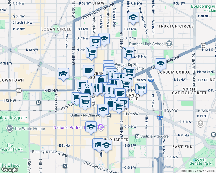 map of restaurants, bars, coffee shops, grocery stores, and more near 7th Street Northwest in Washington