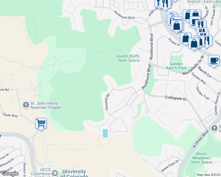 map of restaurants, bars, coffee shops, grocery stores, and more near 4824 Stonehill Road in Colorado Springs
