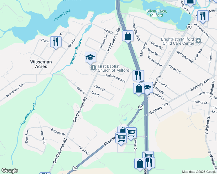 map of restaurants, bars, coffee shops, grocery stores, and more near 5688 Betty Street in Milford